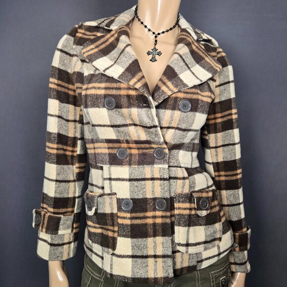 Y2K Fitted Plaid Pea Coat Jacket Size XS Brown Beige Wool Blend Fall Winter - Picture 2 of 14